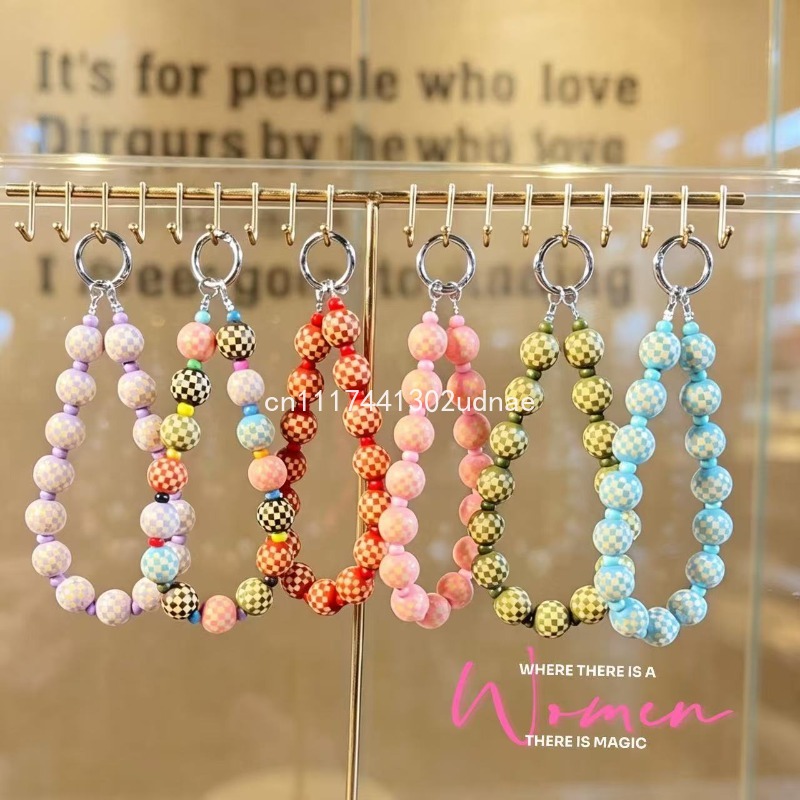 Phone Accessories Charms - オリジナルの木製チェック柄ビーズ付き携帯電話チェーン、携帯電話用チャーム、バッグ用キーホルダー、ファッションアクセサリー